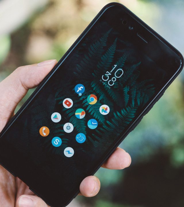 Close-up of a hand holding a smartphone with app icons and a nature wallpaper.